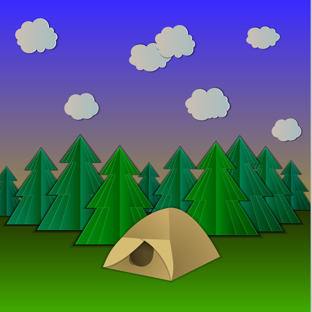 Vector Camp, Paper Art Style Illustration, Sunset Time at the Campsite, Colorful Background.のイラスト素材