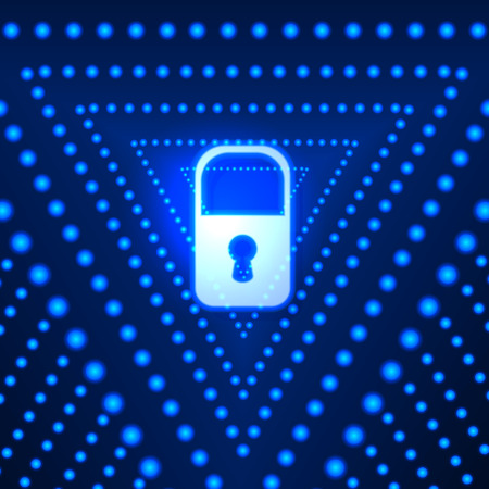 Vector Lock and Blue Triangles, Technology Futuristic Backdrop, Bright Light, Abstract Illustration, Cyber Security.のイラスト素材