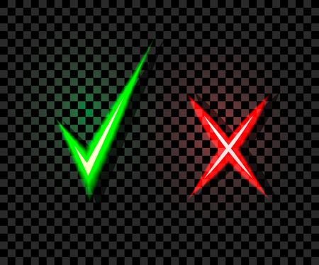 Vector Neon Check and Cross Marks, Bright Green and Red Light, Isolated on Dark Transparent Background Illustration.のイラスト素材