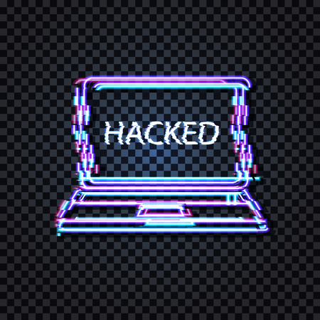 Vector Neon Laptop with Glitched Word Hacked on the Display Icon, Glitch Effect, Isolated on Dark Transparent Background Shining Illustration.のイラスト素材