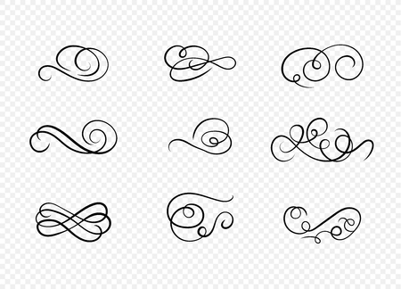 Vector Elegant Calligraphic Design Element Set Isolated on Light Transparent Background, Decorative Filigrees.のイラスト素材