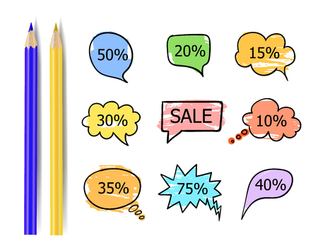 Vector Collection of Sale Stickers, Talk Bubbles with Different Discounts Isolated on White Background and Realistic Yellow and Blue Pencils, Hand Drawn Illustration.のイラスト素材
