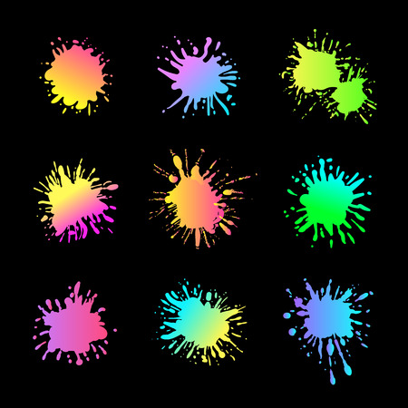 Vector Neon Paint Splashes Isolated on Black Background, Creative Design Elements Set, Gradient Colors.のイラスト素材