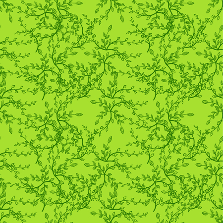 Vector Leaves  Seamless Pattern, Outline Drawings, Hand Drawn Plants, Green Lines on White Background.のイラスト素材