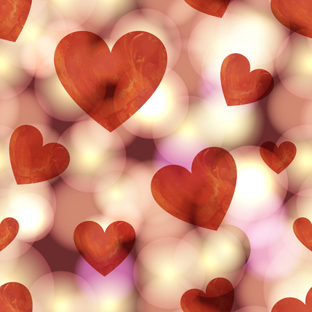 Vector Seamless Pattern, Hearts on Whining Background, Bokeh Circles and Transparent Red Hearts.