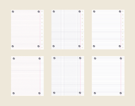 Vector Note Paper Sheets with Realistic Metallic Silver Pin Buttons, Office Supplies, Isolated Notepad Pages.のイラスト素材