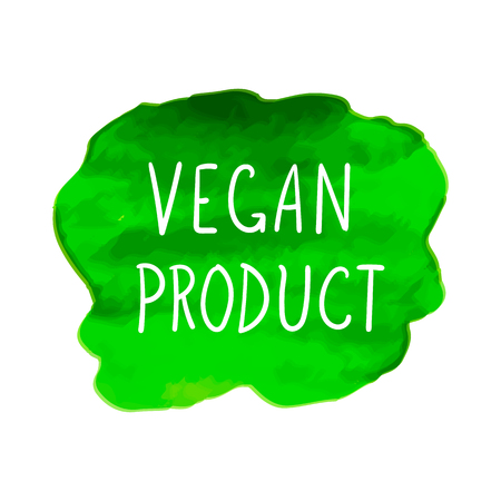 Vector Watercolor Spot with Vegan Product Lettering, Hand Drawn Letters, Illustration Isolated on White Background, Green Bright Colorful Icon.のイラスト素材