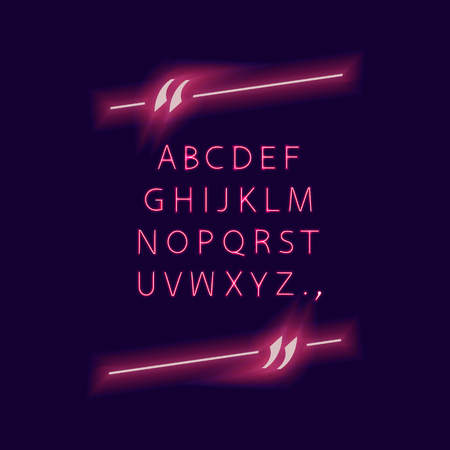 Vector Alphabet in Quote Frame, Neon Glowing Lights, Isolated on Dark Background Typeset and Quotation Border, Ultraviolet Color.のイラスト素材