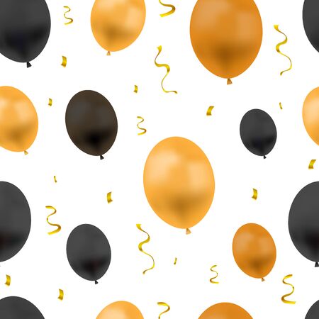 Vector Festive Background with Colorful Balloons and Golden Confetti, Seamless Pattern, Halloween Colors, Orange and Black Objects Isolated on White Backdrop.のイラスト素材
