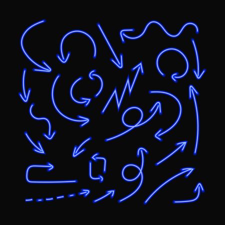 Vector Neon Drawn Arrows, Design Element Set, Blight Blue Arrows Isolated on Dark Background.のイラスト素材