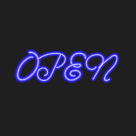 Vector Open Sign, Calligraphic Lettering, Glowing Bright Blue Word Isolated on Dark Background.のイラスト素材