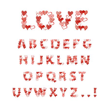 Vector Doodle Hand Drawn Font Made of Little Hearts, Cute Illustration, Type Set Template Isolated on White Background, Bright Red Color.のイラスト素材