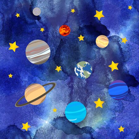 Vector Seamless Pattern with Different Cosmic Elements, Plants and Stars,  Blue Background, Colorful Illustration.のイラスト素材