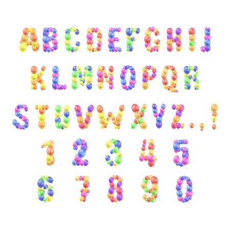 Vector colorful type set isolated on white background, letters and numbers made of bright colored balloons, festive decorative elements.のイラスト素材