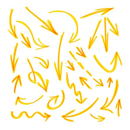 Vector drawing by yellow highlighter arrows set isolated on white background, bright colorful design elements.のイラスト素材