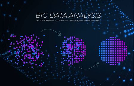 Vector Glow Big Data Analysis Illustration, Technology Elements Isolated on the Dark Background with Shining Connected Dots Swirls.のイラスト素材