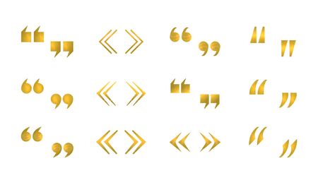 Vector collection of quote signs isolated on white background, shiny golden textured icons, design elements set.のイラスト素材