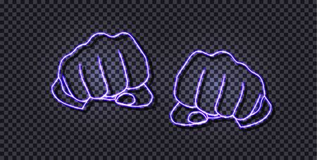Vector neon hands, glowing fists, bright colorful illustration isolated on dark transparent background, abstract light.のイラスト素材
