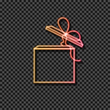 Vector neon gradient yellow and red gift box icon isolated on dark transparent background. Luminous sign template. Square box.のイラスト素材
