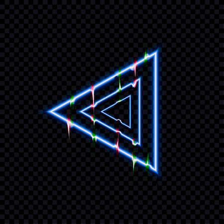 Vector glitch effect arrow sign isolated on dark transparent background, triangle geometric shape, distortions, glowing illustration, abstract light.のイラスト素材