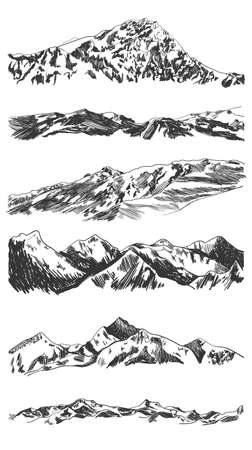 Vector hand drawn mountains, sketches set isolated on white background, wild nature illustrations, hatch drawings, outdoor backgrounds.のイラスト素材