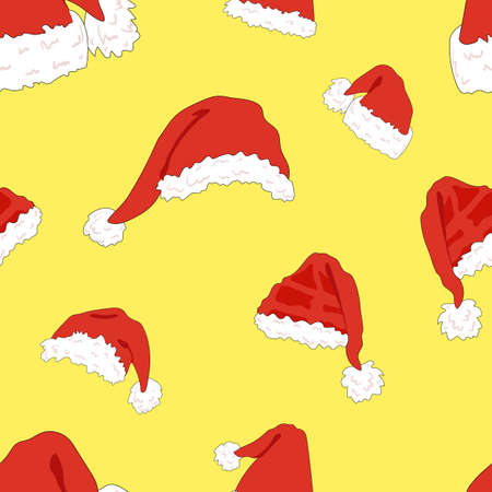 Vector Seamless Pattern, Christmas Background, Cartoon Santa and Elfs Hats on the Bright Yellow Backgroud, Hand Drawn Illustration.のイラスト素材