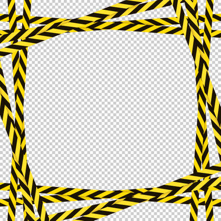 Vector attention frame template, yellow and black colorful lines, square frame template, danger sign, striped ribbons, decorative element isolated on light transparent background.のイラスト素材