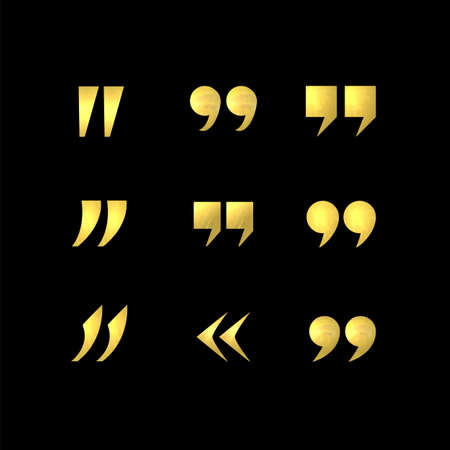 Vector Golden Colored Glittering Metallic Texture Quote Marks Set, Isolated on Black Background.のイラスト素材