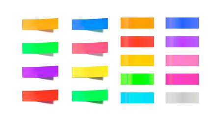 Vector blank colorful stickers, sticky notes set isolated on white background, bookmarks, bright, straight and curved stickers.のイラスト素材