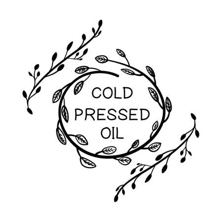 Vector cold pressed oil handdrawn floral style stamp frame, black and white, isolated.のイラスト素材