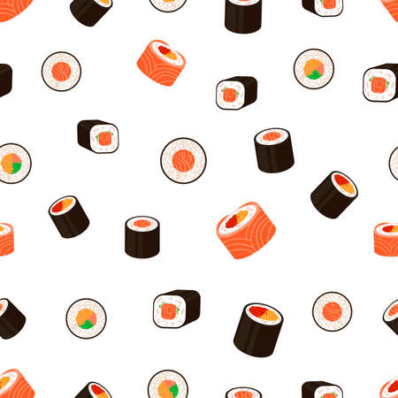 Vector seamless pattern, rolls, japanese cuisine - sushi set background, different rolls on white background.のイラスト素材