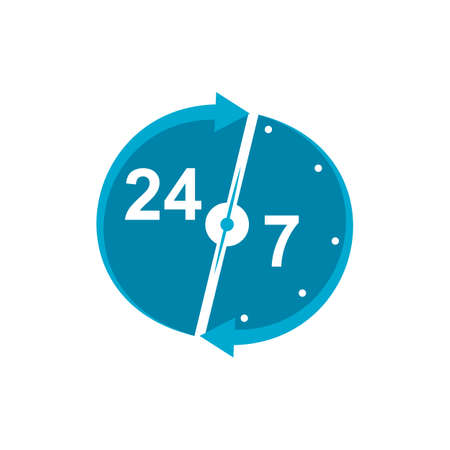 Vector 24-7 sign isolated on white background, blue color, always open, round.のイラスト素材