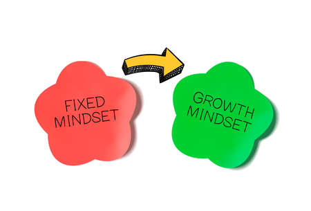 Vector illustration, Mindset changing concept, fixed and growth mindsets, colorful stickers and arrows.のイラスト素材