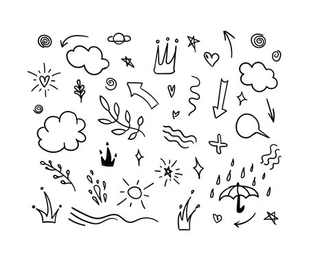Vector doodle handdrawn abstract icons illustration, black lines isolated, abstract shapes.のイラスト素材