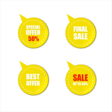 Vector set of yellow stickers, sale, best offer concept, 50 percent off sign tags isolated, talk bubbles.のイラスト素材