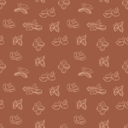 Vector seamless pattern, nuts, background template, assortment outline nuts, pistachio, hazelnut, peanut, pecan, almond, cashew.のイラスト素材