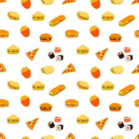 Vector seamless pattern, fast food background, colorful sandwiches, pizza, sushi.のイラスト素材