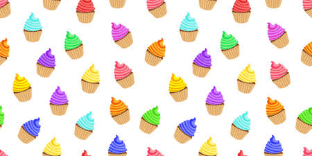 Vector colorful cupcakes Seamless Pattern, on white color background.