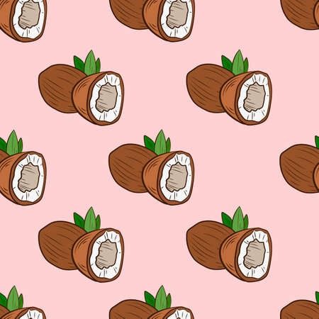Vector seamless pattern with coconuts, hand drawn coconut, background template, pink.のイラスト素材