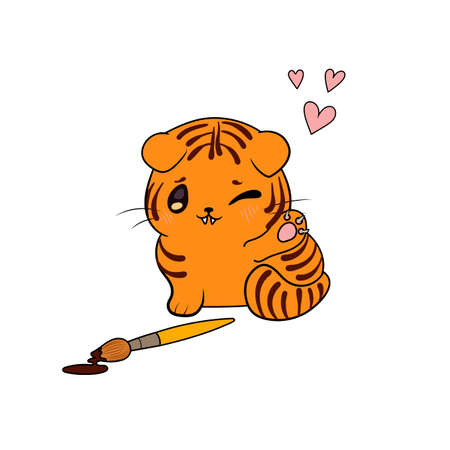 Vector cute kitten painted as a tiger illustration, 2022 symbol.のイラスト素材