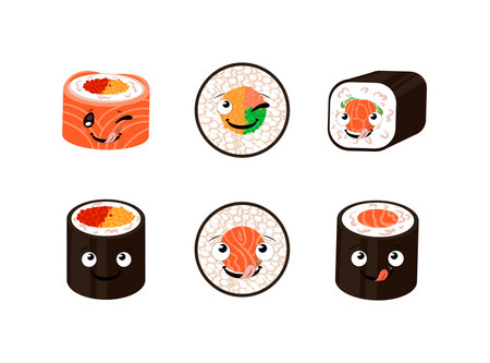Vector set of cartoon rolls with funny faces, different rolls.のイラスト素材