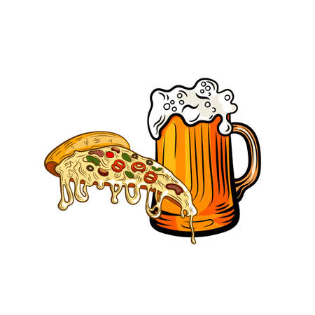 Vector Beer Mug and Pizza Slice Vintage Hand Drawn Style Colorful Illustration Isolated on White Background, Fast Food.のイラスト素材