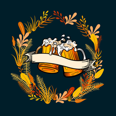 Vector Vintage Beer Poster, Colorful Illustration, Hand Drawn Retro Beer Mugs, Foam, Vintage Ribbon Banner.のイラスト素材