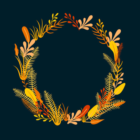 Vector Autumn Plants Circle Frame, Colorful Background, Autumn Season, Leaves and Branches, Blank Frame.のイラスト素材