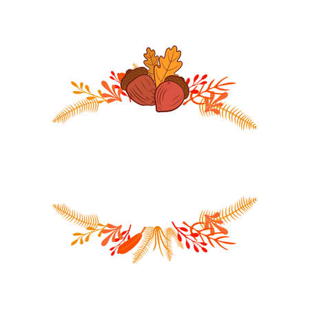 Vector Autumn Frame with Acorn and Colorful Leaves Isolated on White Background, Autumn.のイラスト素材