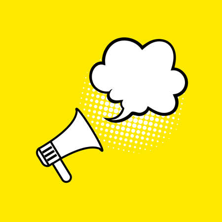 Vector Megaphone Icon with Speech Bubble on Bright Yellow Background, Blank Frame, Talking Cloud Comic Style.のイラスト素材