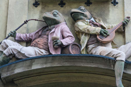 Portal with figurines of frogs located at the Pod Zabami Tenement House in the city of Bielsko -...