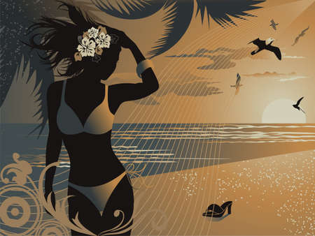 sea landscape with woman silhouetteの写真素材