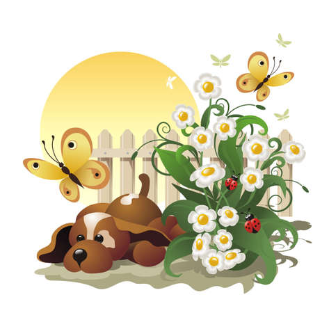 background with doggy, flowers and butterfliesの写真素材