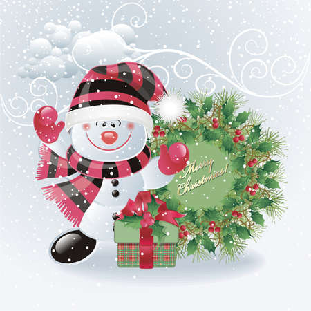 snowman with christmas wreath のイラスト素材